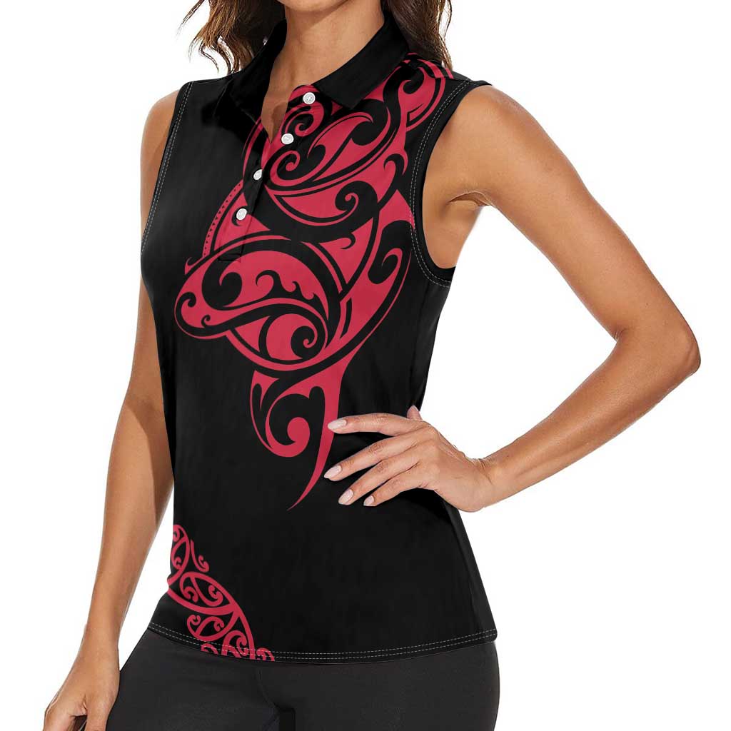 All Black Maori Tribal Tattoo Personalised Women Sleeveless Polo Shirt Classic Red Polynesian Style - Polynesian Pride