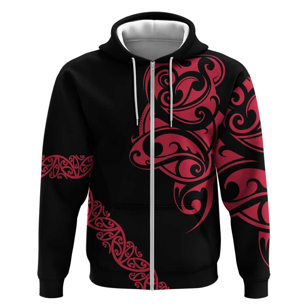 All Black Maori Tribal Tattoo Personalised Zip Hoodie Classic Red Polynesian Style - Polynesian Pride