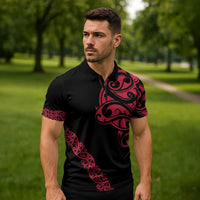 All Black Maori Tribal Tattoo Personalised Zipper Polo Shirt Classic Red Polynesian Style - Polynesian Pride
