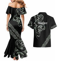 All Black Maori Tribal Tattoo Personalised Couples Matching Mermaid Dress and Hawaiian Shirt Moss Green Polynesian Style - Polynesian Pride
