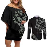 All Black Maori Tribal Tattoo Personalised Couples Matching Off Shoulder Short Dress and Long Sleeve Button Shirt Moss Green Polynesian Style - Polynesian Pride