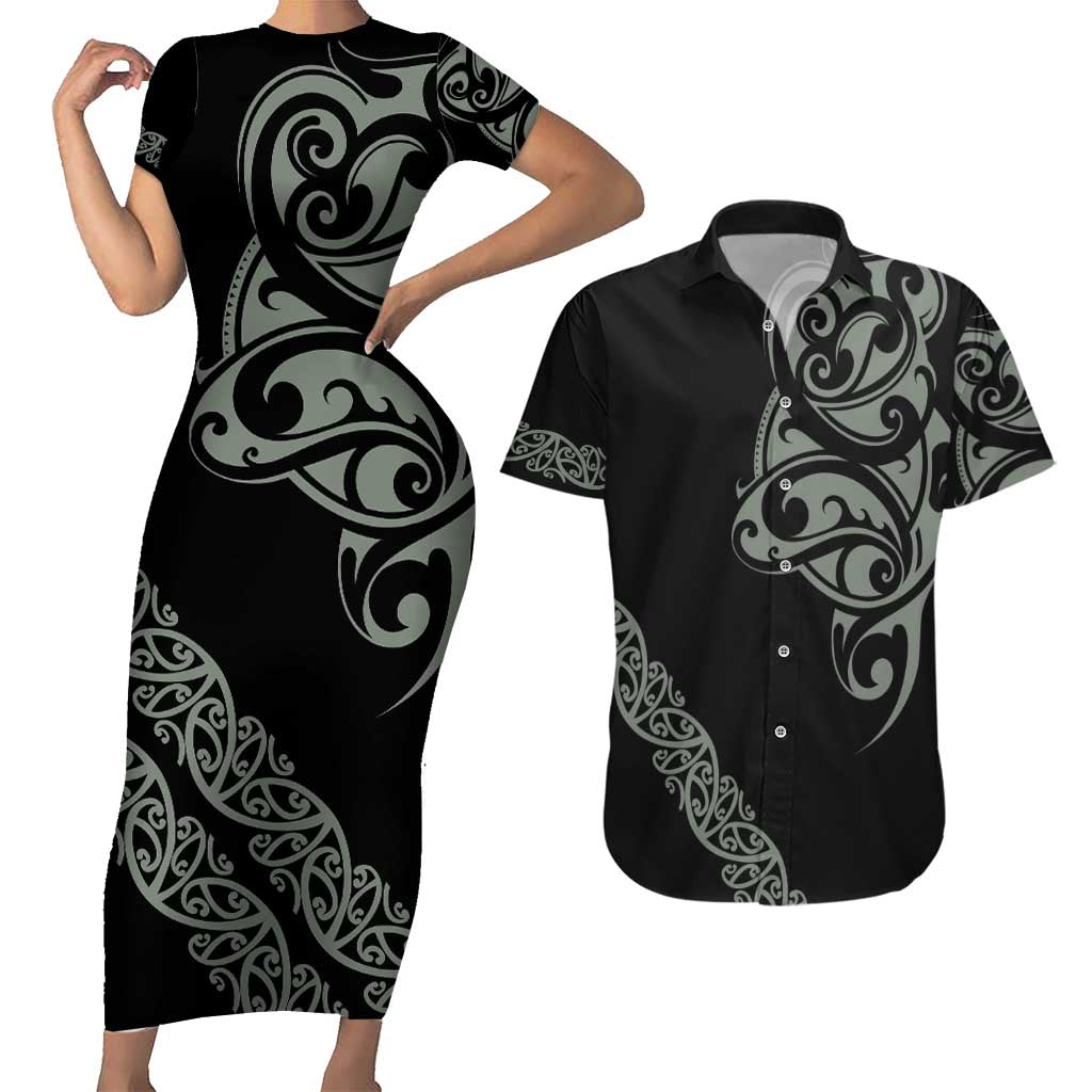 All Black Maori Tribal Tattoo Personalised Couples Matching Short Sleeve Bodycon Dress and Hawaiian Shirt Moss Green Polynesian Style - Polynesian Pride