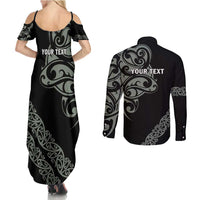 All Black Maori Tribal Tattoo Personalised Couples Matching Summer Maxi Dress and Long Sleeve Button Shirt Moss Green Polynesian Style - Polynesian Pride