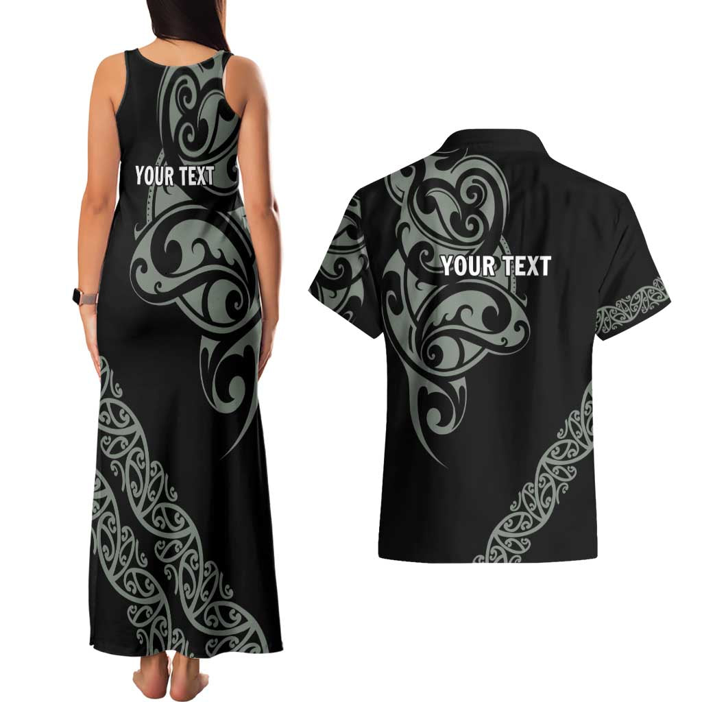All Black Maori Tribal Tattoo Personalised Couples Matching Tank Maxi Dress and Hawaiian Shirt Moss Green Polynesian Style - Polynesian Pride