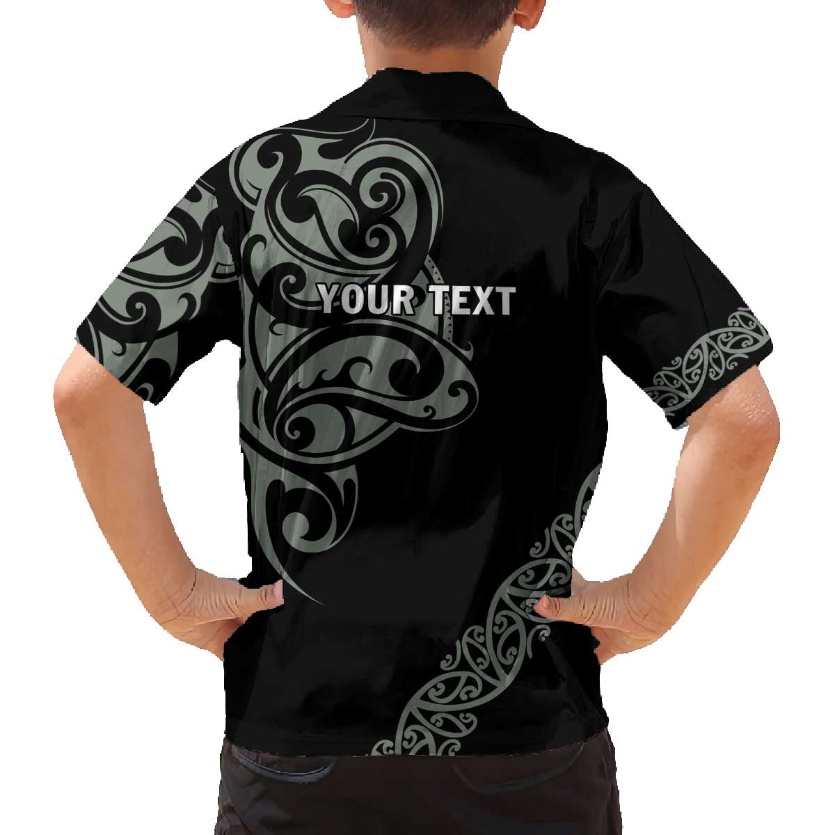 All Black Maori Tribal Tattoo Personalised Family Matching Off The Shoulder Long Sleeve Dress and Hawaiian Shirt Moss Green Polynesian Style - Polynesian Pride