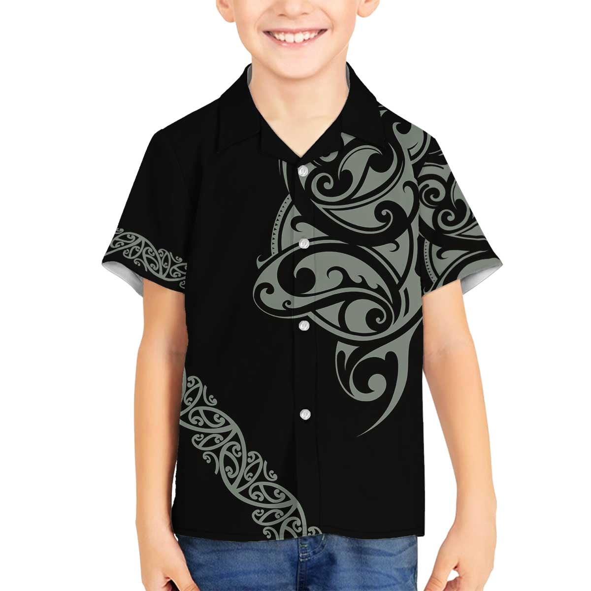 All Black Maori Tribal Tattoo Personalised Family Matching Off The Shoulder Long Sleeve Dress and Hawaiian Shirt Moss Green Polynesian Style - Polynesian Pride