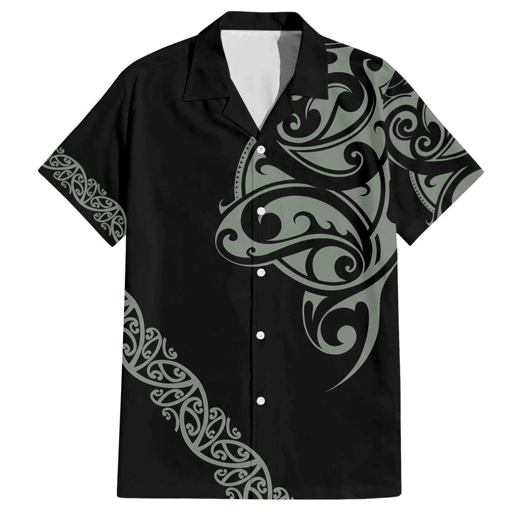 All Black Maori Tribal Tattoo Personalised Family Matching Off Shoulder Short Dress and Hawaiian Shirt Moss Green Polynesian Style - Polynesian Pride