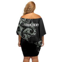 All Black Maori Tribal Tattoo Personalised Family Matching Off Shoulder Short Dress and Hawaiian Shirt Moss Green Polynesian Style - Polynesian Pride