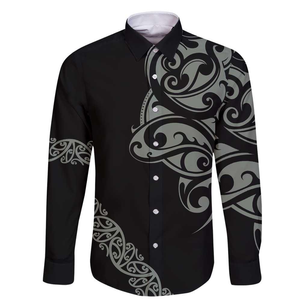 All Black Maori Tribal Tattoo Personalised Family Matching Puletasi and Hawaiian Shirt Moss Green Polynesian Style LT9 Dad's Shirt - Long Sleeve Green - Polynesian Pride