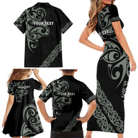 All Black Maori Tribal Tattoo Personalised Family Matching Short Sleeve Bodycon Dress and Hawaiian Shirt Moss Green Polynesian Style - Polynesian Pride