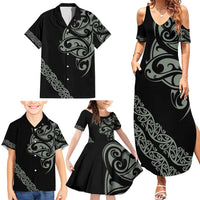 All Black Maori Tribal Tattoo Personalised Family Matching Summer Maxi Dress and Hawaiian Shirt Moss Green Polynesian Style - Polynesian Pride
