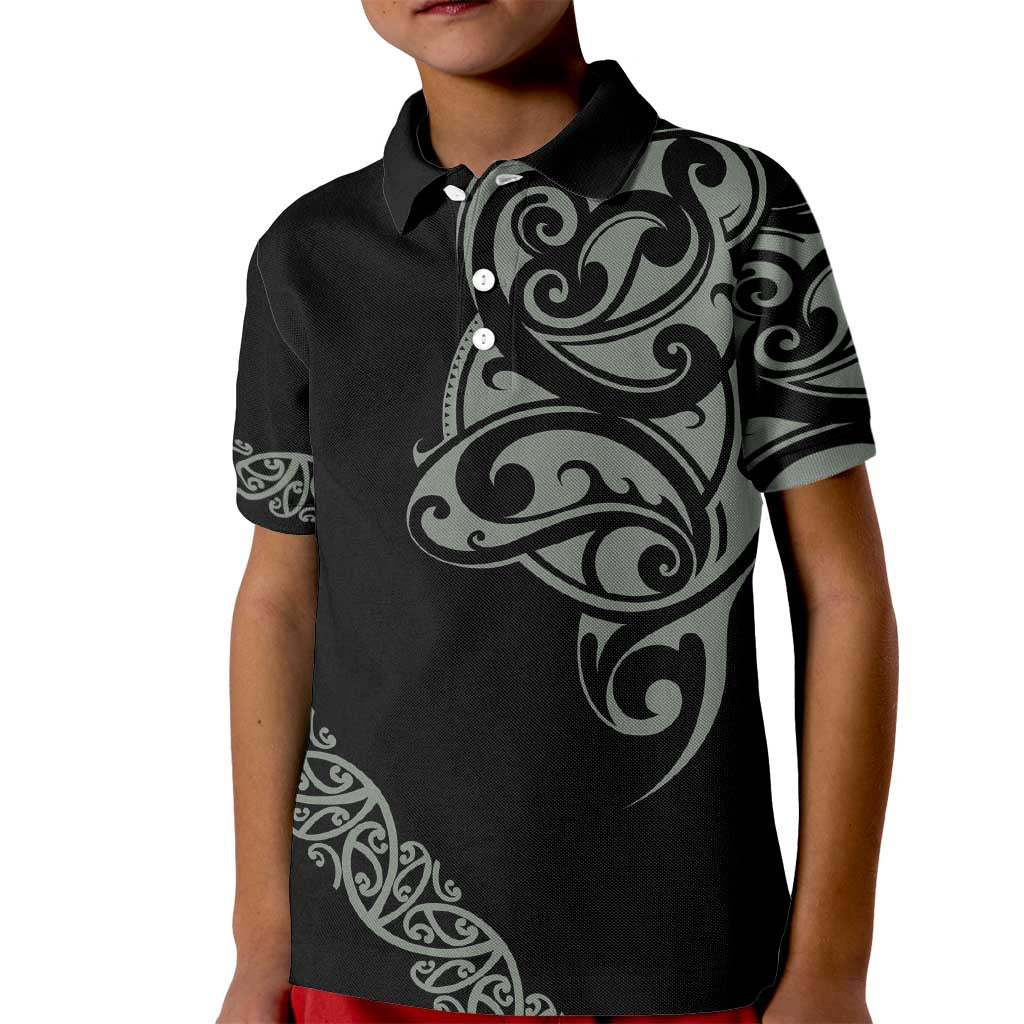 All Black Maori Tribal Tattoo Personalised Kid Polo Shirt Moss Green Polynesian Style - Polynesian Pride