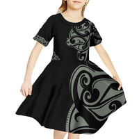 All Black Maori Tribal Tattoo Personalised Kid Short Sleeve Dress Moss Green Polynesian Style - Polynesian Pride