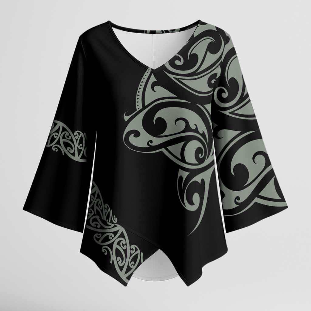 All Black Maori Tribal Tattoo Personalised Kimono Sleeve Blouse Moss Green Polynesian Style - Polynesian Pride
