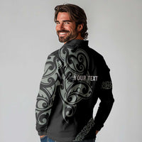 All Black Maori Tribal Tattoo Personalised Long Sleeve Polo Shirt Moss Green Polynesian Style - Polynesian Pride