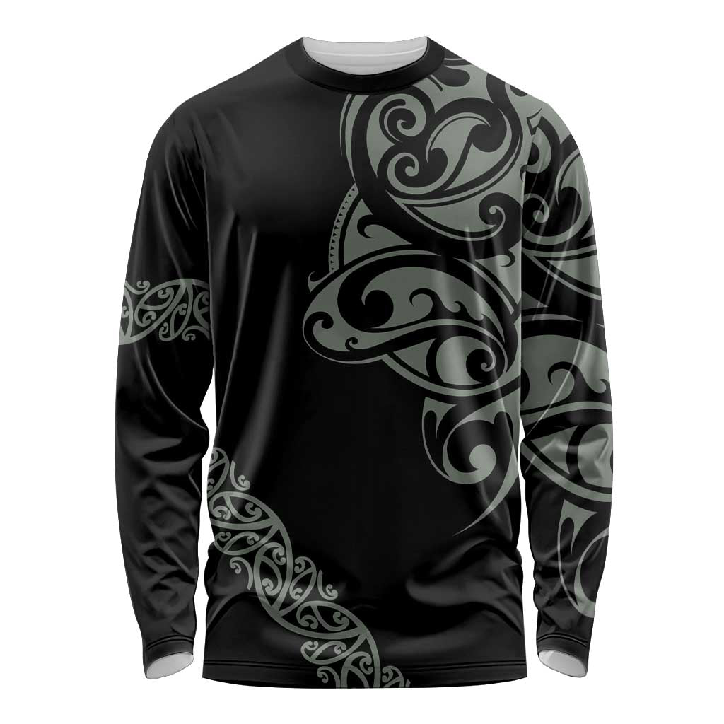 All Black Maori Tribal Tattoo Personalised Long Sleeve Shirt Moss Green Polynesian Style - Polynesian Pride
