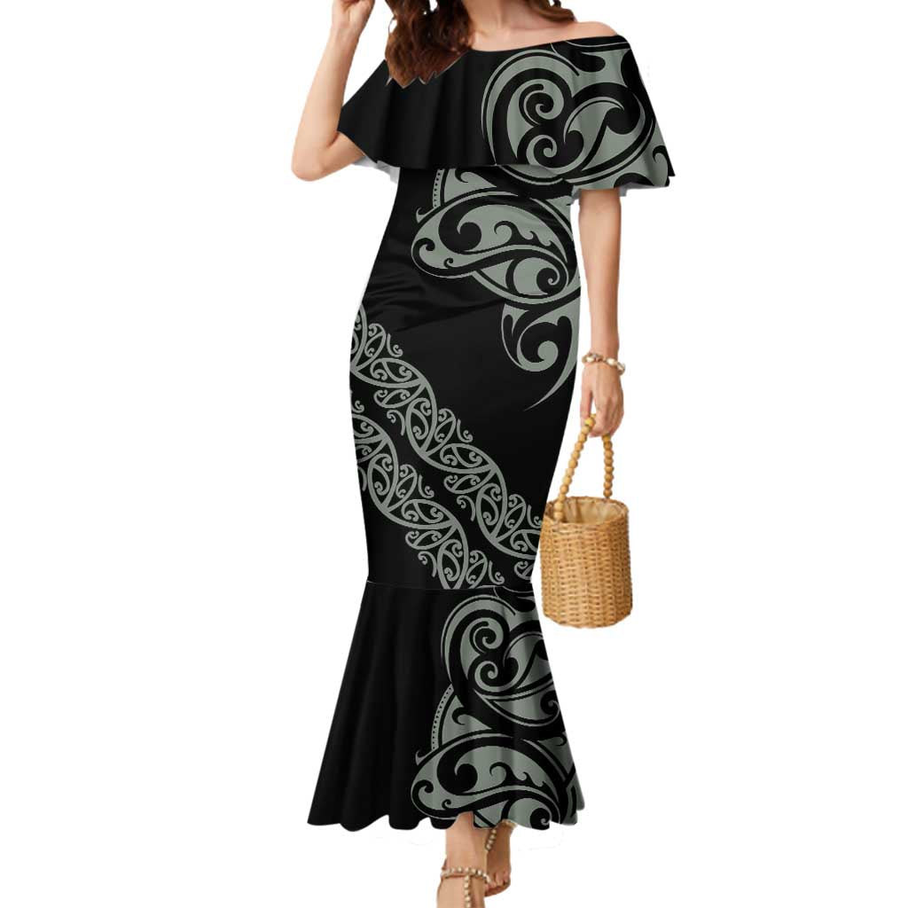 All Black Maori Tribal Tattoo Personalised Mermaid Dress Moss Green Polynesian Style - Polynesian Pride