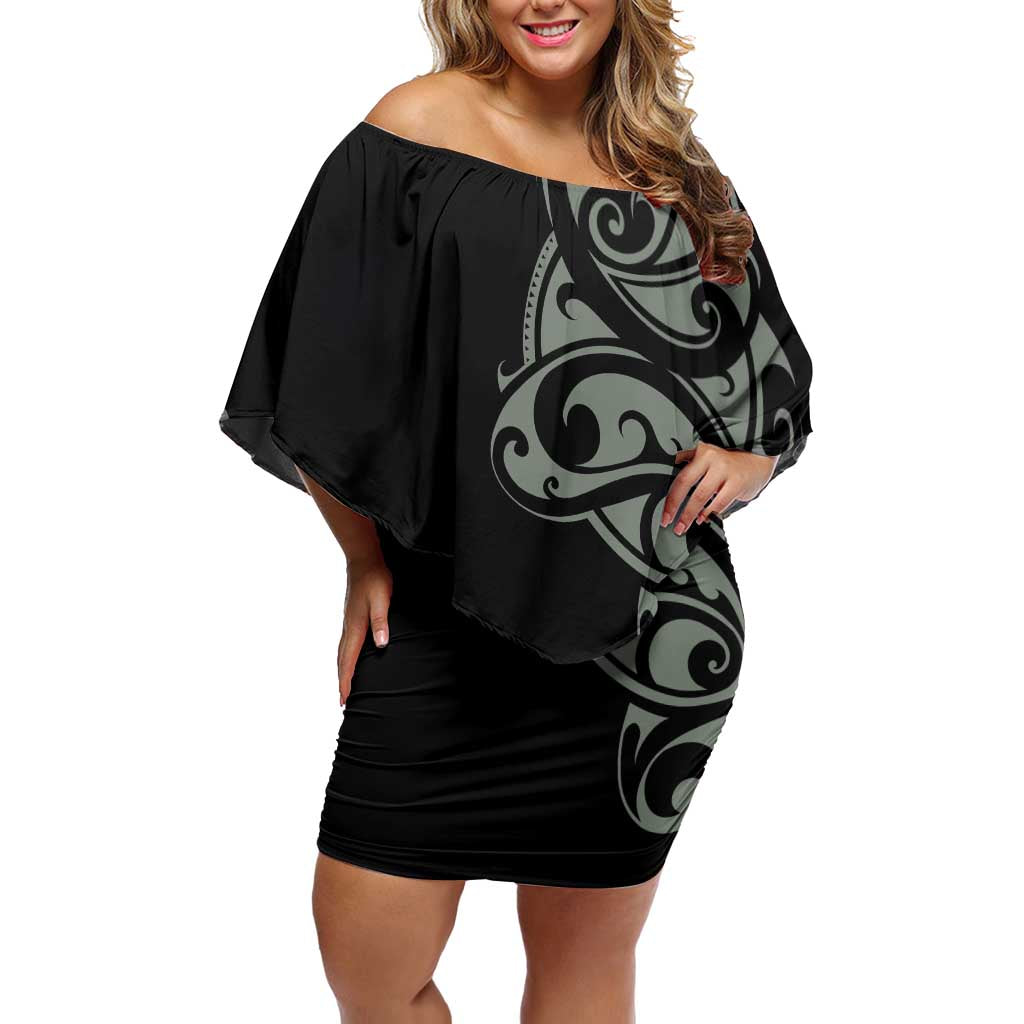 All Black Maori Tribal Tattoo Personalised Off Shoulder Short Dress Moss Green Polynesian Style - Polynesian Pride