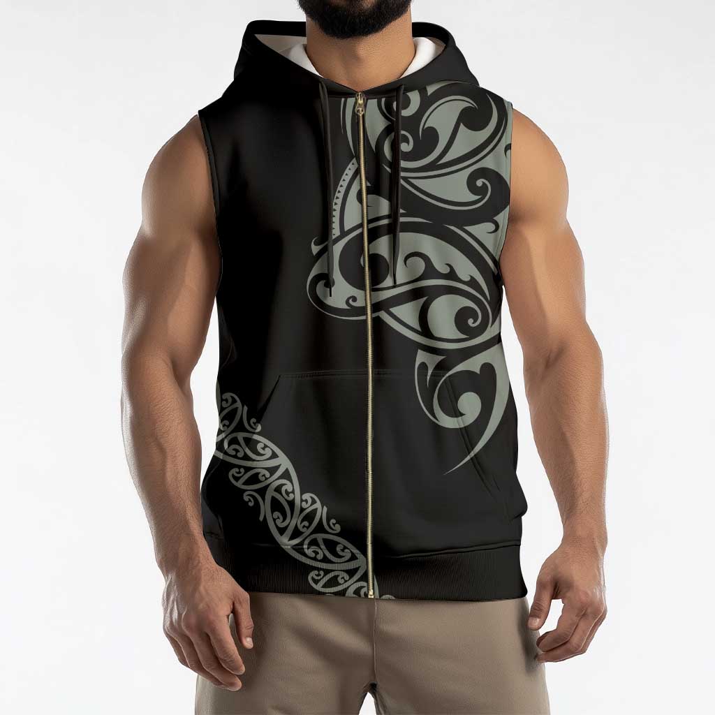 All Black Maori Tribal Tattoo Personalised Sleeveless Zip Hoodie Moss Green Polynesian Style - Polynesian Pride