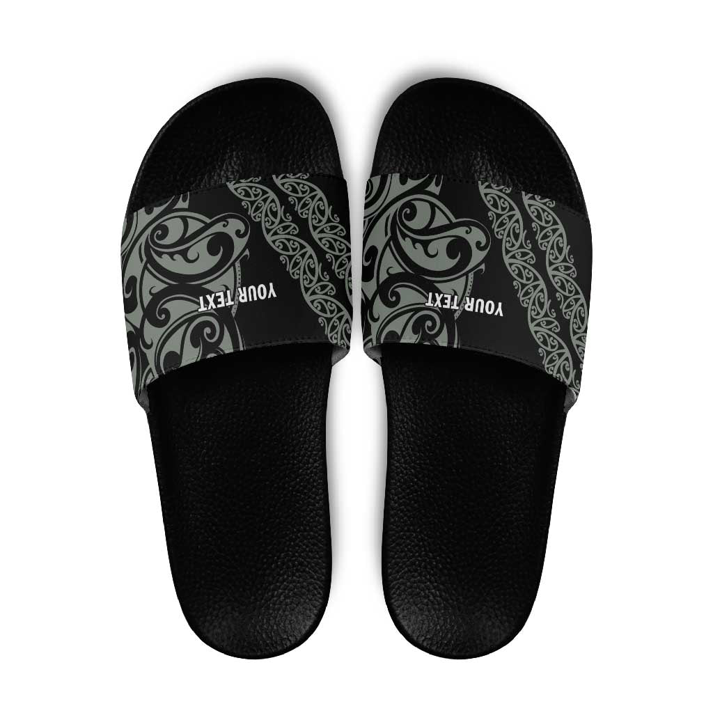 All Black Maori Tribal Tattoo Personalised Slide Sandals Moss Green Polynesian Style - Polynesian Pride