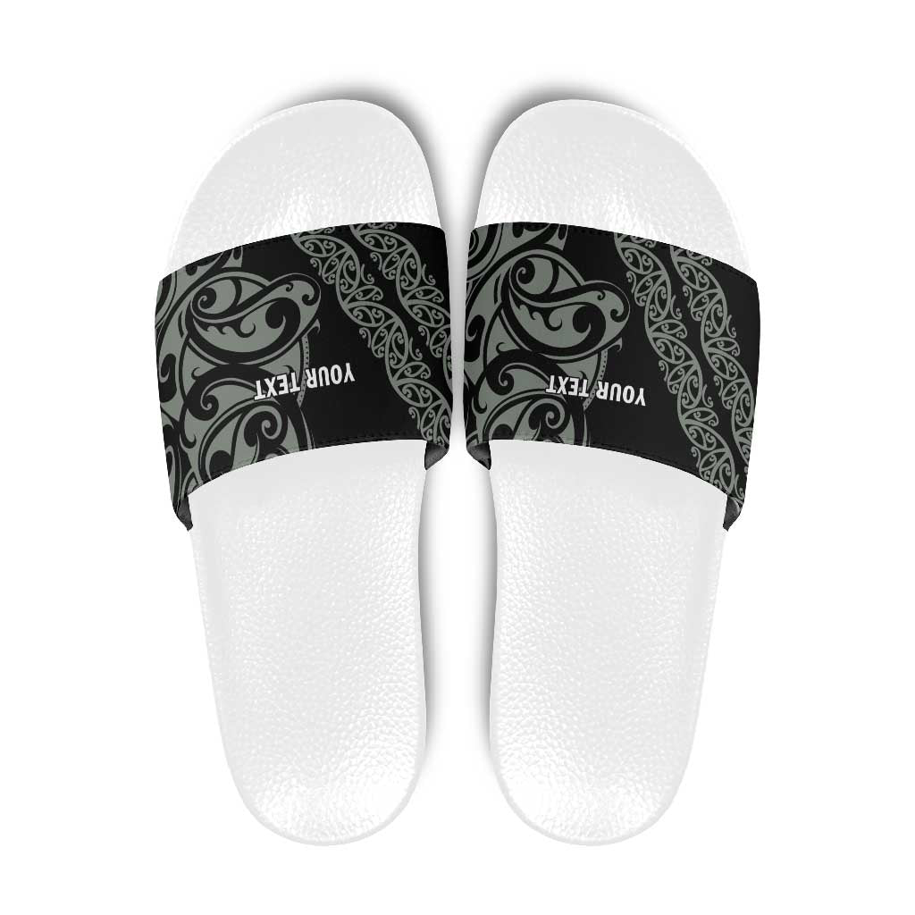 All Black Maori Tribal Tattoo Personalised Slide Sandals Moss Green Polynesian Style - Polynesian Pride