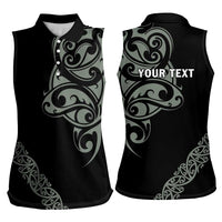 All Black Maori Tribal Tattoo Personalised Women Sleeveless Polo Shirt Moss Green Polynesian Style - Polynesian Pride