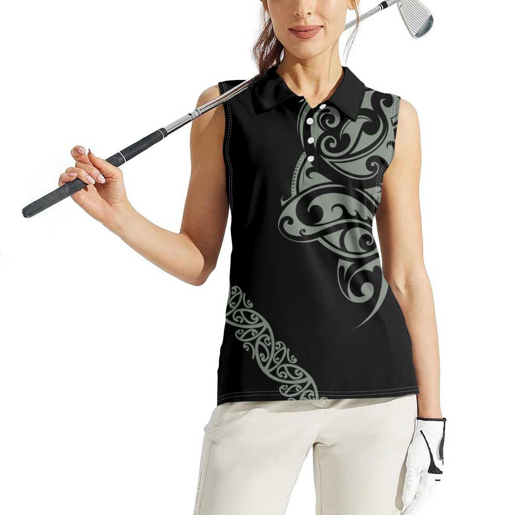 All Black Maori Tribal Tattoo Personalised Women Sleeveless Polo Shirt Moss Green Polynesian Style - Polynesian Pride