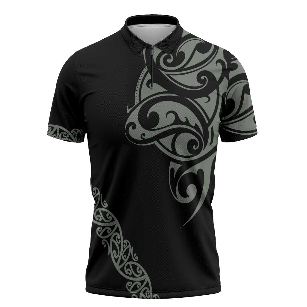 All Black Maori Tribal Tattoo Personalised Zipper Polo Shirt Moss Green Polynesian Style - Polynesian Pride