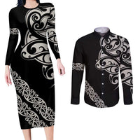 All Black Maori Tribal Tattoo Personalised Couples Matching Long Sleeve Bodycon Dress and Long Sleeve Button Shirt Stone Gray Polynesian Style - Polynesian Pride
