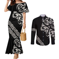 All Black Maori Tribal Tattoo Personalised Couples Matching Mermaid Dress and Long Sleeve Button Shirt Stone Gray Polynesian Style - Polynesian Pride