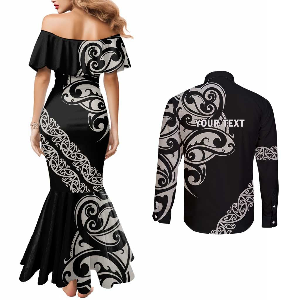 All Black Maori Tribal Tattoo Personalised Couples Matching Mermaid Dress and Long Sleeve Button Shirt Stone Gray Polynesian Style - Polynesian Pride