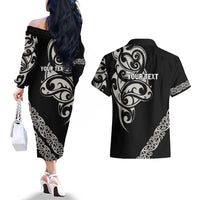 All Black Maori Tribal Tattoo Personalised Couples Matching Off The Shoulder Long Sleeve Dress and Hawaiian Shirt Stone Gray Polynesian Style - Polynesian Pride