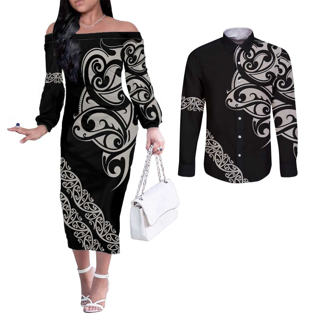All Black Maori Tribal Tattoo Personalised Couples Matching Off The Shoulder Long Sleeve Dress and Long Sleeve Button Shirt Stone Gray Polynesian Style - Polynesian Pride