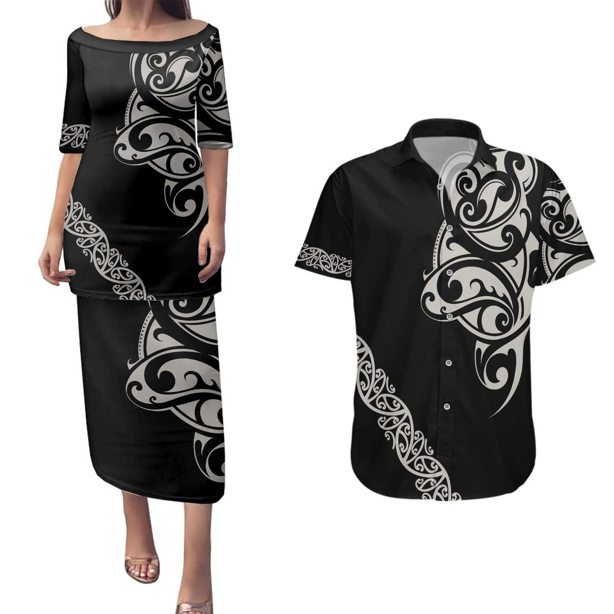 All Black Maori Tribal Tattoo Personalised Couples Matching Puletasi and Hawaiian Shirt Stone Gray Polynesian Style - Polynesian Pride