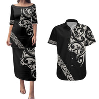 All Black Maori Tribal Tattoo Personalised Couples Matching Puletasi and Hawaiian Shirt Stone Gray Polynesian Style - Polynesian Pride