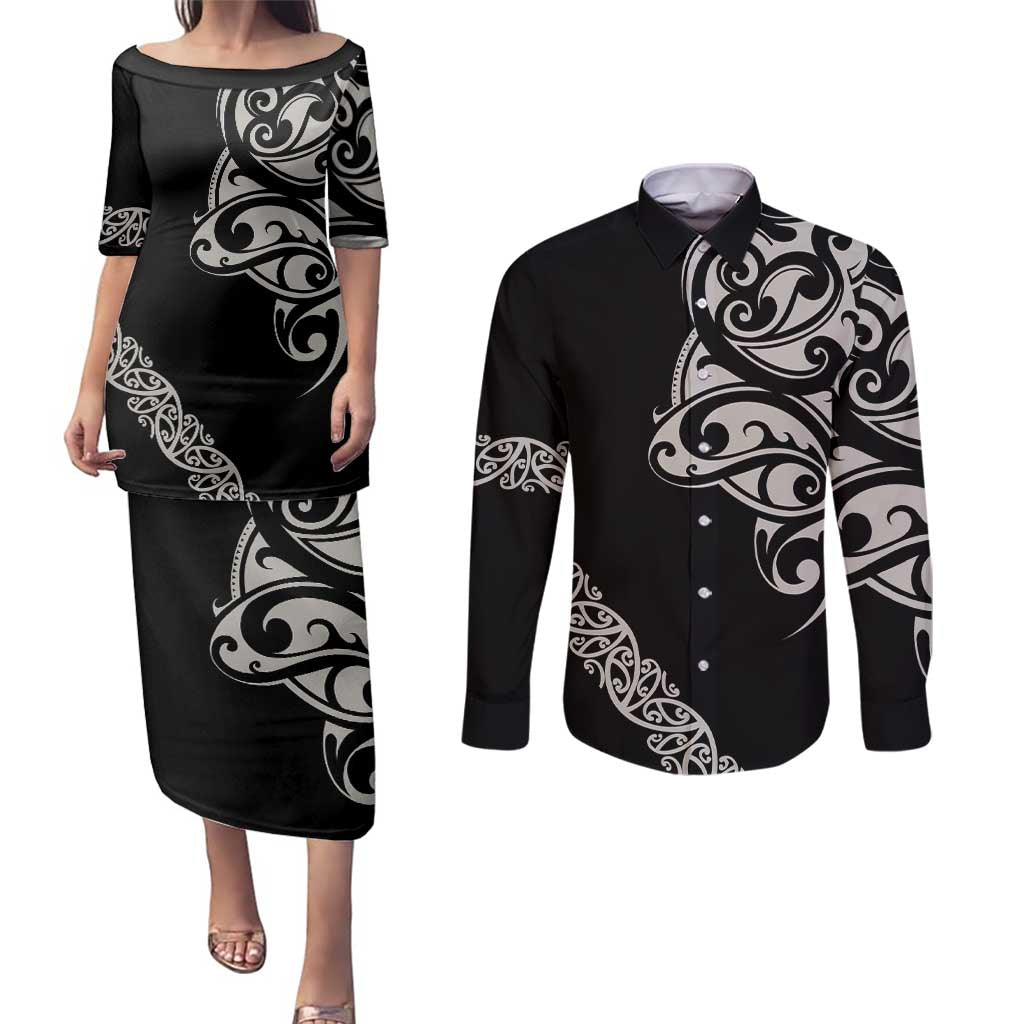 All Black Maori Tribal Tattoo Personalised Couples Matching Puletasi and Long Sleeve Button Shirt Stone Gray Polynesian Style - Polynesian Pride
