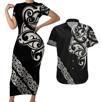 All Black Maori Tribal Tattoo Personalised Couples Matching Short Sleeve Bodycon Dress and Hawaiian Shirt Stone Gray Polynesian Style - Polynesian Pride