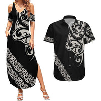 All Black Maori Tribal Tattoo Personalised Couples Matching Summer Maxi Dress and Hawaiian Shirt Stone Gray Polynesian Style - Polynesian Pride