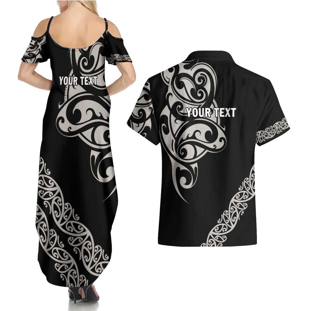 All Black Maori Tribal Tattoo Personalised Couples Matching Summer Maxi Dress and Hawaiian Shirt Stone Gray Polynesian Style - Polynesian Pride
