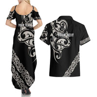 All Black Maori Tribal Tattoo Personalised Couples Matching Summer Maxi Dress and Hawaiian Shirt Stone Gray Polynesian Style - Polynesian Pride