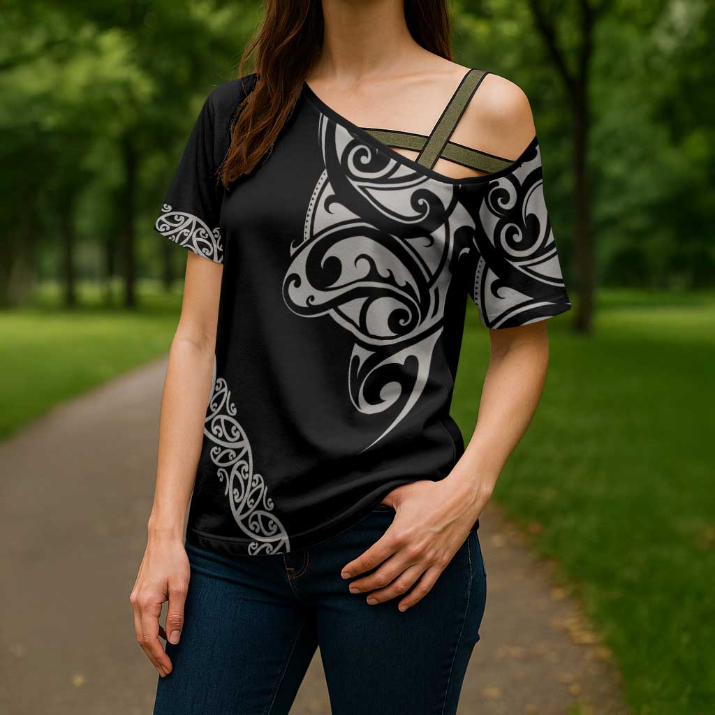 All Black Maori Tribal Tattoo Personalised Cross Shoulder Shirt Stone Gray Polynesian Style - Polynesian Pride