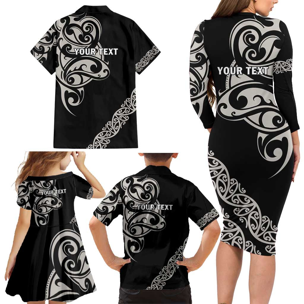All Black Maori Tribal Tattoo Personalised Family Matching Long Sleeve Bodycon Dress and Hawaiian Shirt Stone Gray Polynesian Style - Polynesian Pride