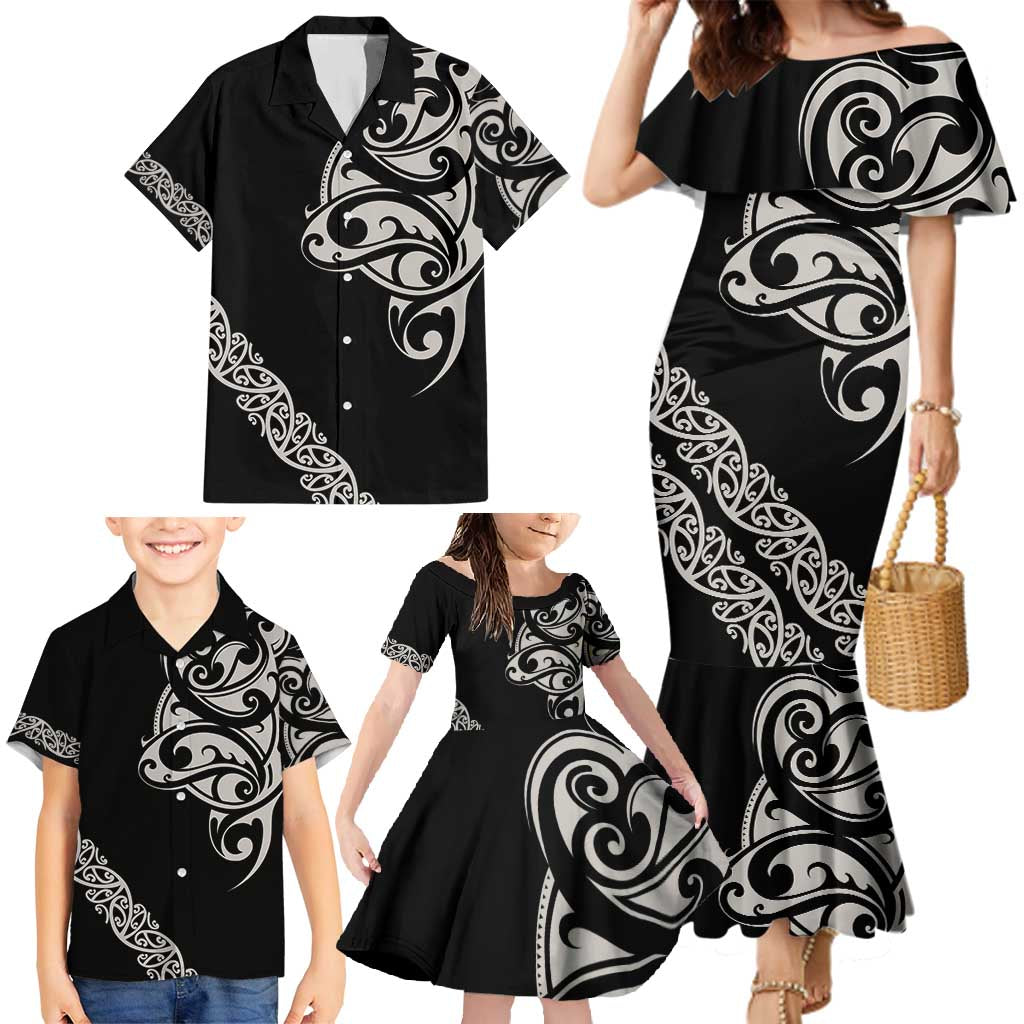 All Black Maori Tribal Tattoo Personalised Family Matching Mermaid Dress and Hawaiian Shirt Stone Gray Polynesian Style - Polynesian Pride