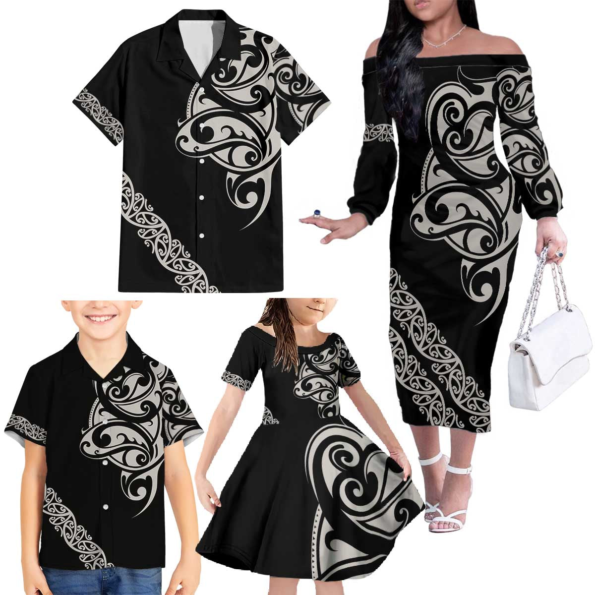 All Black Maori Tribal Tattoo Personalised Family Matching Off The Shoulder Long Sleeve Dress and Hawaiian Shirt Stone Gray Polynesian Style - Polynesian Pride