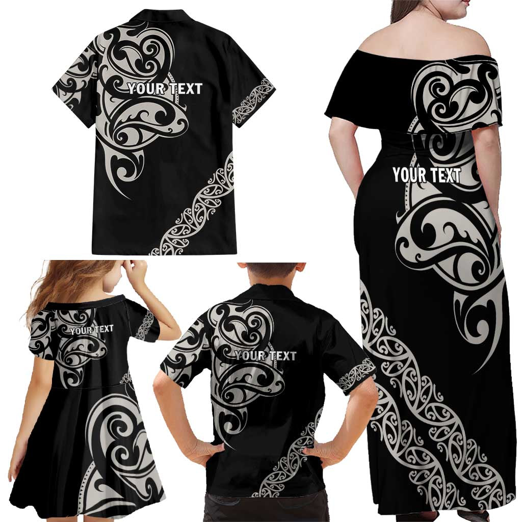 All Black Maori Tribal Tattoo Personalised Family Matching Off Shoulder Maxi Dress and Hawaiian Shirt Stone Gray Polynesian Style - Polynesian Pride