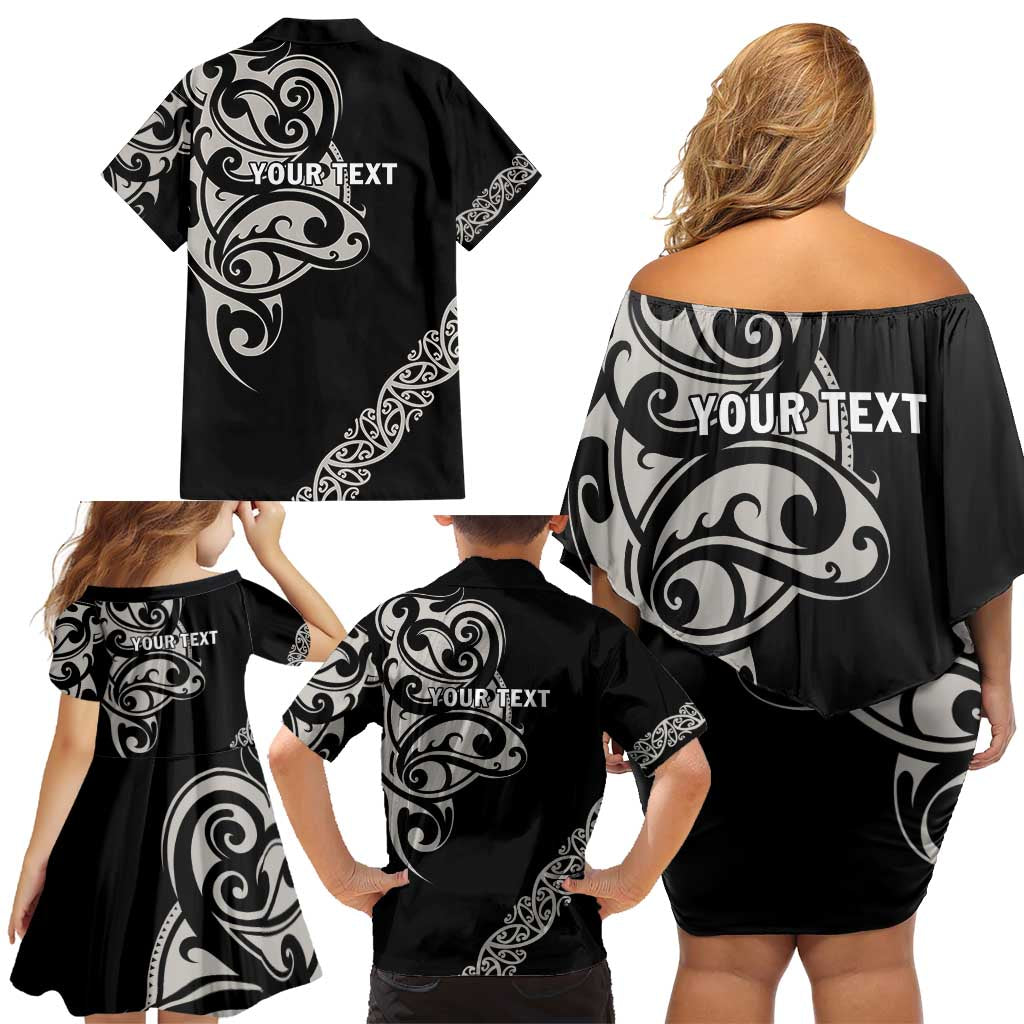 All Black Maori Tribal Tattoo Personalised Family Matching Off Shoulder Short Dress and Hawaiian Shirt Stone Gray Polynesian Style - Polynesian Pride