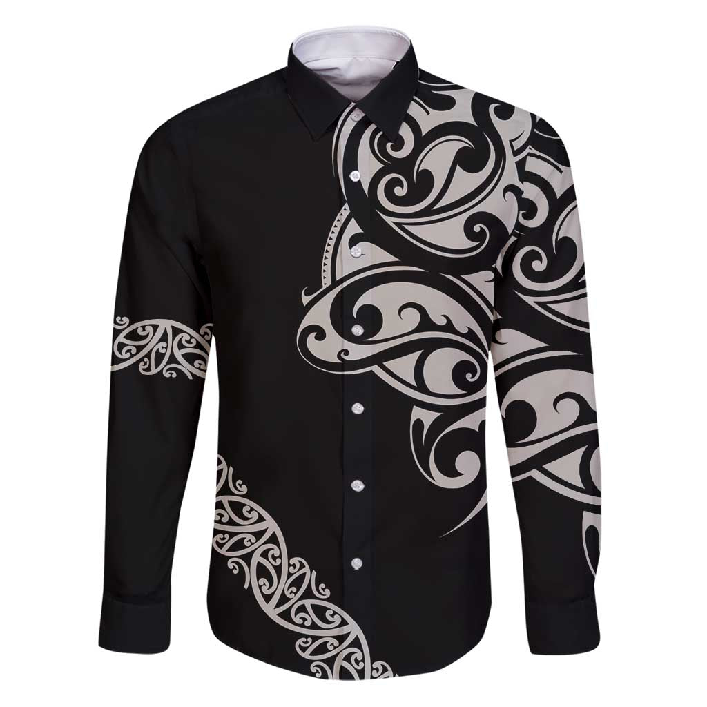 All Black Maori Tribal Tattoo Personalised Family Matching Puletasi and Hawaiian Shirt Stone Gray Polynesian Style LT9 Dad's Shirt - Long Sleeve Gray - Polynesian Pride
