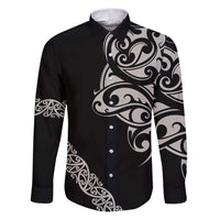 All Black Maori Tribal Tattoo Personalised Family Matching Puletasi and Hawaiian Shirt Stone Gray Polynesian Style LT9 Dad's Shirt - Long Sleeve Gray - Polynesian Pride