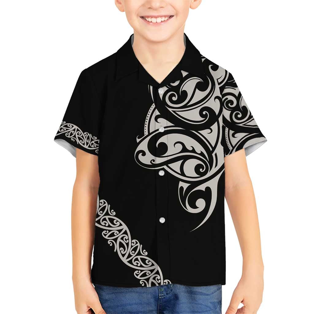All Black Maori Tribal Tattoo Personalised Family Matching Puletasi and Hawaiian Shirt Stone Gray Polynesian Style LT9 Son's Shirt Gray - Polynesian Pride