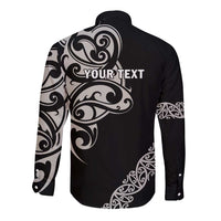 All Black Maori Tribal Tattoo Personalised Long Sleeve Button Shirt Stone Gray Polynesian Style - Polynesian Pride